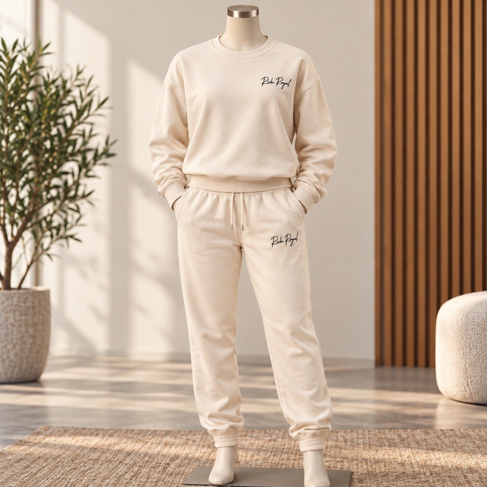 Rich Royal Sweatsuit Set Womens Medium Cream Embroidered Logo Joggers Sweatshirt
